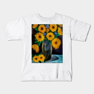 sunflowers in a metallic blue and gold vase Kids T-Shirt